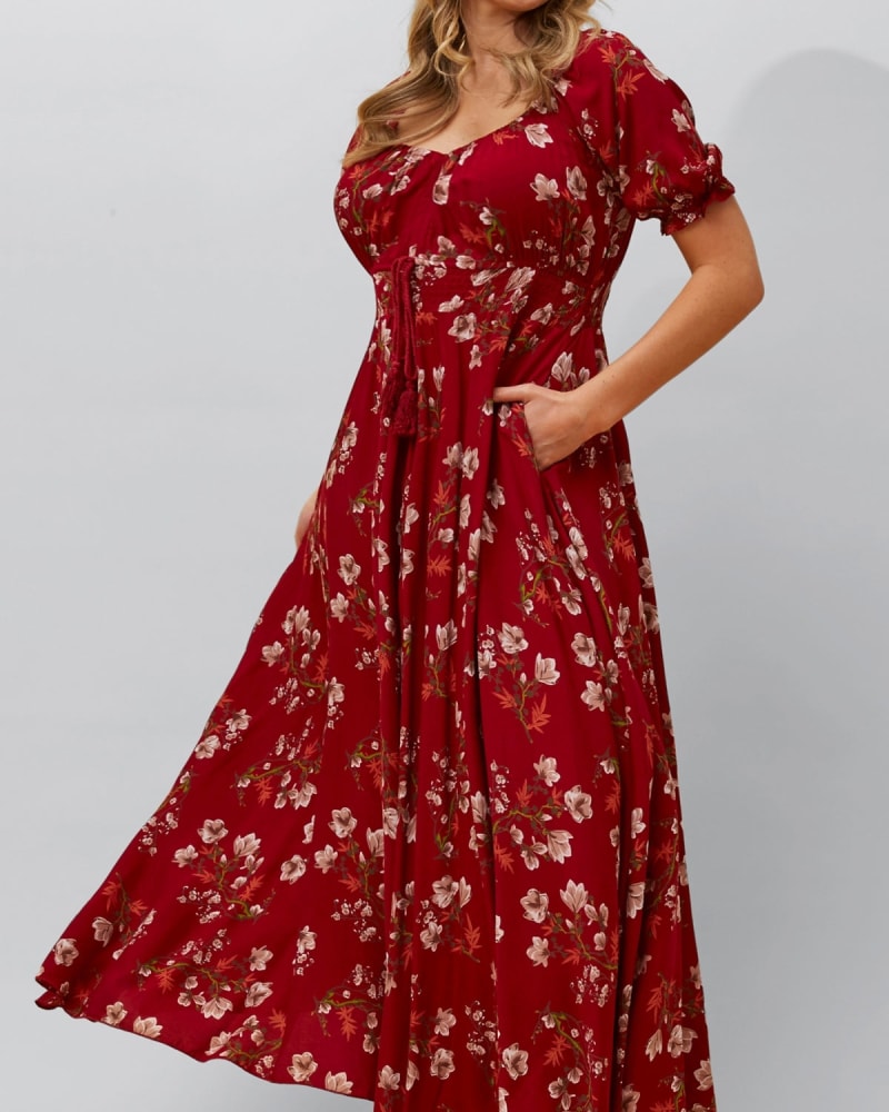Front of a model wearing a size 2X Carla Maxi Dress Floral Puff Short Sleeves in Red by ANNICK. | dia_product_style_image_id:349738